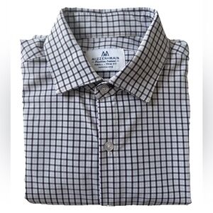Mizzen + Main White & Light Blue Check Small Trim Fit, Long Sleeve Shirt, EUC